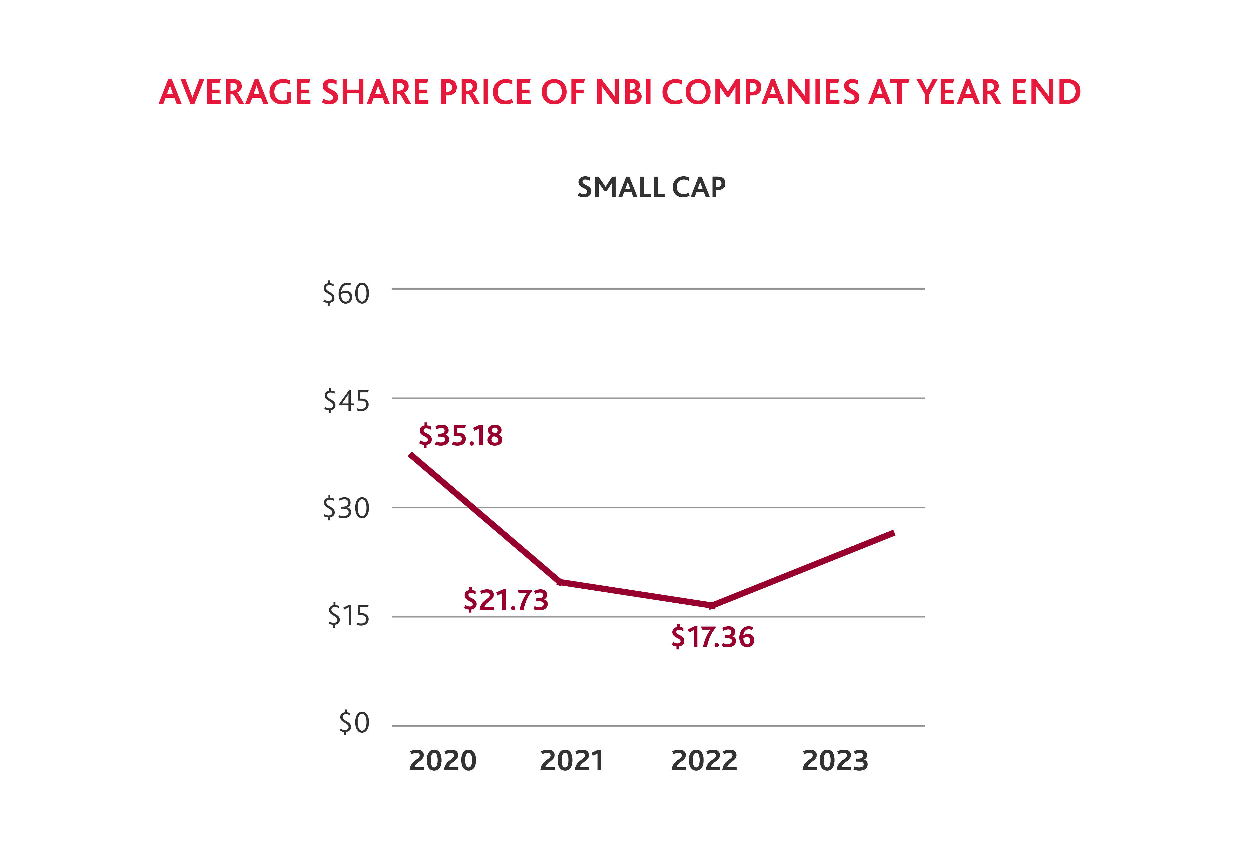 Chart showing average share price (small CAP) of NBI companies at year end from 2020 to 2023