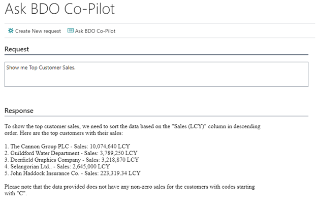 Screenshot of Ask BDO Co-Pilot for Question: Show me top customer sales