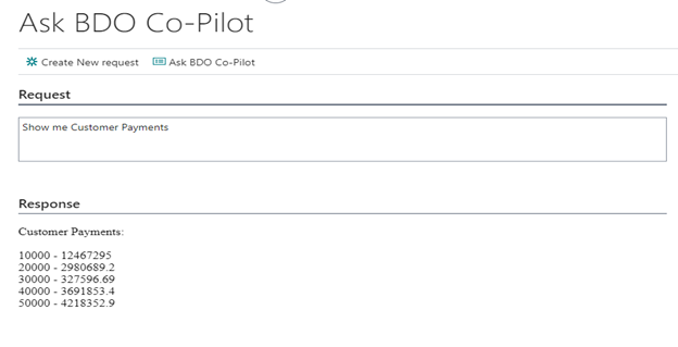 Screenshot of Ask BDO Co-Pilot for Question: Show me customer payments
