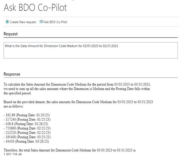 Screenshot of Ask BDO Co-Pilot for Question: What is the sales amount for Dimension code Medium for 03/01/2023 to 03/31/2023?