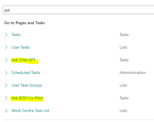 Screenshot of Go to Pages and Tasks Within Business Central