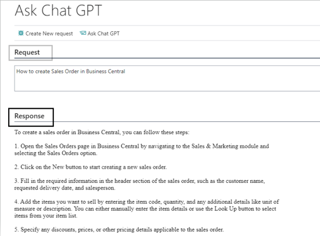 Screenshot of Ask ChatGPT Question: How to create a sales order in Business Central"