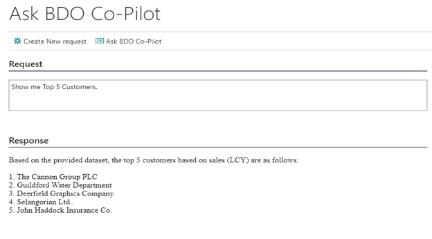 Screenshot of Ask BDO Co-Pilot for Question: Show me top 5 customers