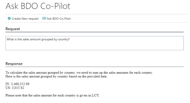Screenshot of Ask BDO Co-Pilot for Question: What is the sales amount grouped by country?