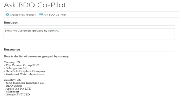 Screenshot of Ask BDO Co-Pilot for Question: Show me customers grouped by country
