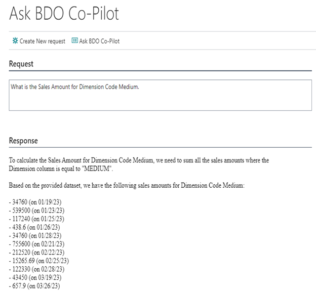 Screenshot of Ask BDO Co-Pilot for Question: What is the sales amount for Dimension code Medium?