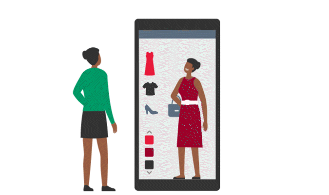 GIF illustration of a woman trying on clothes using a 3D simulated mirror