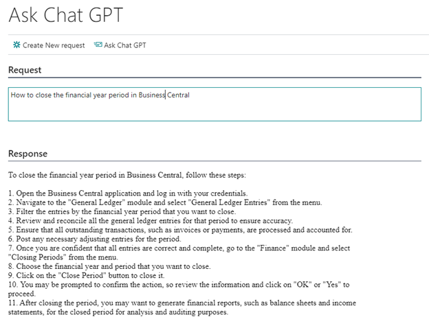Screenshot of Ask ChatGPT for Question: How to close the financial year period in Business Central