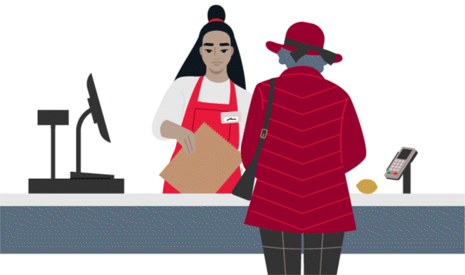 GIF illustration of a checkout experience at a grocery store