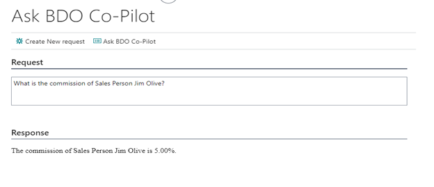 Screenshot of Ask BDO Co-Pilot for Question: What is the commission of salesperson Jim Olive?